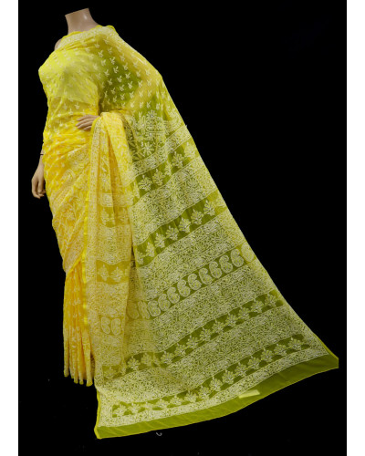 ISHIEQA's Yellow Georgette Chikankari Saree- DC0202C