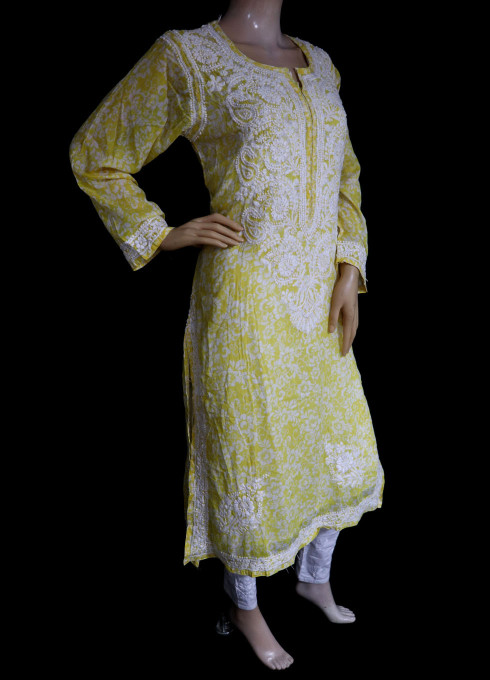 ISHIEQA's Yellow Malmal Printed Chikankari Kurti - RR0402D