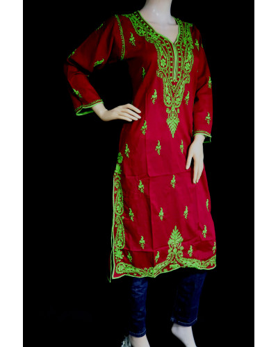 ISHIEQA's Red-Green Cotton Chikankari Kurti  - SF0401A 