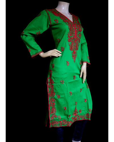 ISHIEQA's Green-Coral Cotton Chikankari Kurti  - SF0401A 