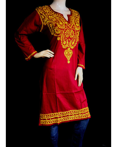 ISHIEQA's Maroon-Yellow Cotton Chikankari Kurti  - SF0501A