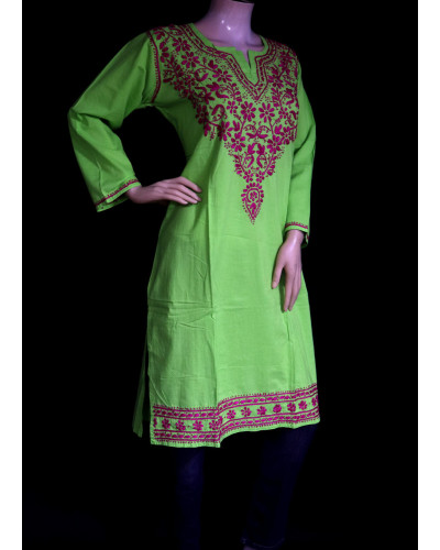 ISHIEQA's Green-Pink Cotton Chikankari Kurti  - SF0501A