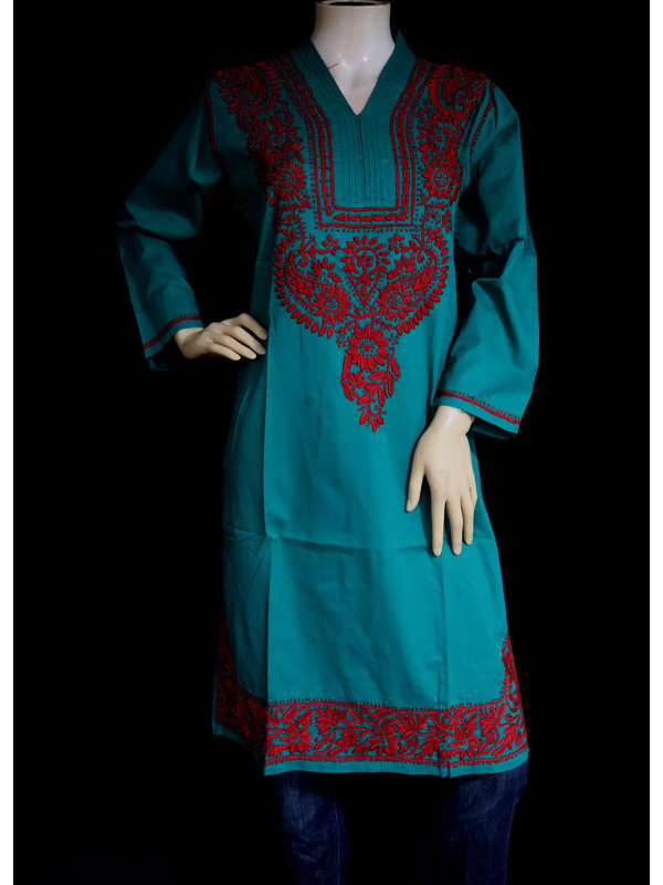 ISHIEQA's Green-Red Cotton Chikankari Kurti - SF0203A