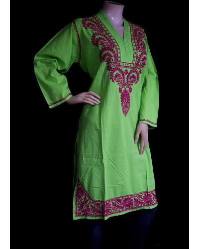 ISHIEQA's Green-Pink Cotton Chikankari Kurti  - SF0203A