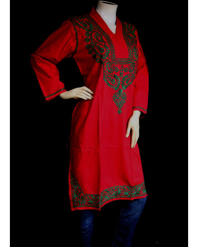 ISHIEQA's Red-Green Cotton Chikankari Kurti  - SF0203A