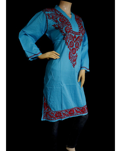 ISHIEQA's Blue-Red Cotton Chikankari Kurti  - SF0203A