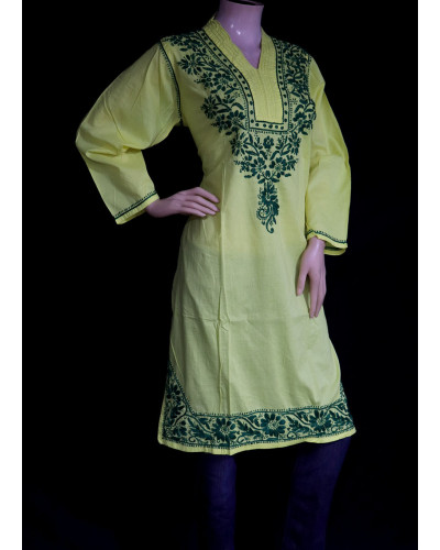 ISHIEQA's Yellow-Green Cotton Chikankari Kurti - SF0203A