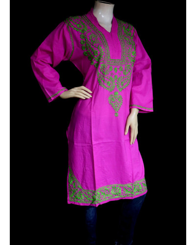 ISHIEQA's Pink-Green Cotton Chikankari Kurti - SF0203A