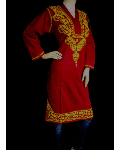 ISHIEQA's Maroon-Yellow Cotton Chikankari Kurti  - SF0203A