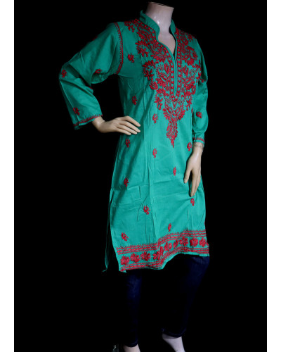 ISHIEQA's Green Cotton Chikankari Kurti  - SF0301A