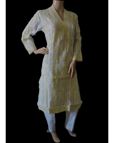 ISHIEQA's White-L Cotton Chikankari Kurti - LC011AB