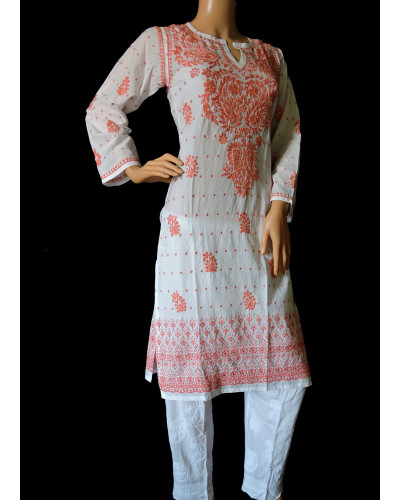 ISHIEQA's White-Peach Cotton Hakoba Chikankari Kurti  - LC0201B