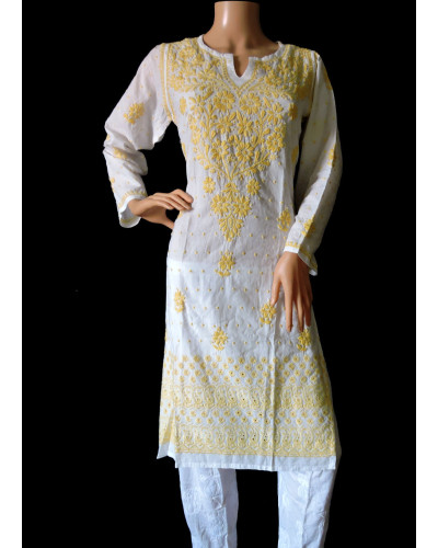 ISHIEQA's White-Yellow Cotton Hakoba Chikankari Kurti  - LC0201B