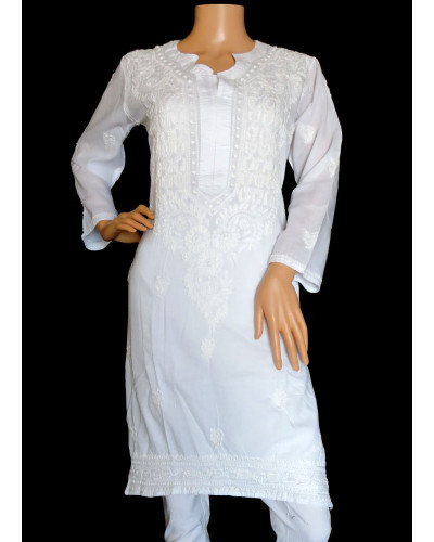 ISHIEQA's White Cotton Chikankari Kurti  - SF0204A