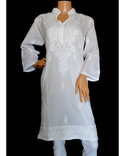 ISHIEQA's White Cotton Chikankari Kurti  - SF0301A