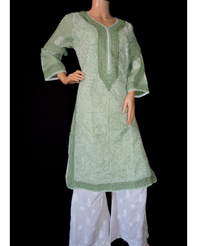 ISHIEQA's Green Cotton Chikankari Kurti  - AN0201C