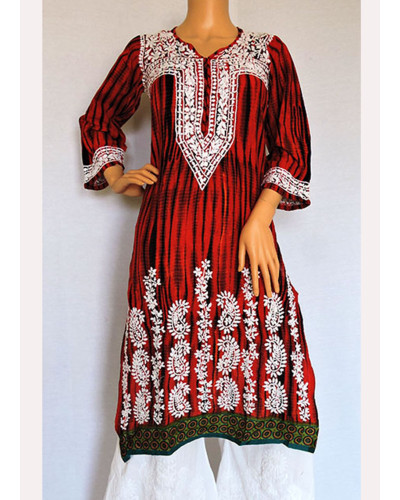 ISHIEQA's Red Shibori Cotton Chikankari Kurti  - LC0101B