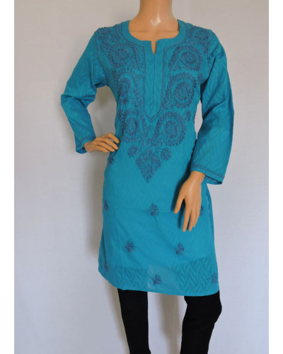 ISHIEQA's Blue Cotton Chikankari Kurti  - AN0203C