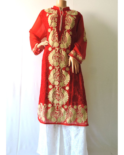 ISHIEQA's Aari work Red Georgette Kurti  - DC0105B 