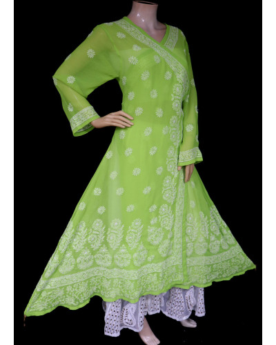 ISHIEQA's Green Georgette Angarakha Chikankari Kurti  - MV1502D