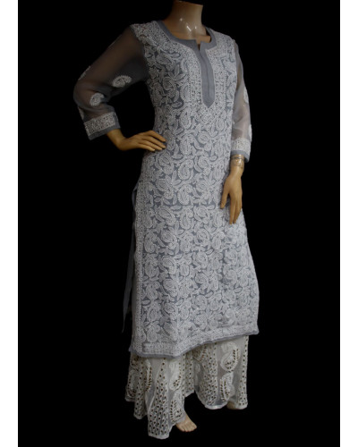 ISHIEQA's Grey Georgette Chikankari Kurti  - AN0502D