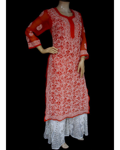 ISHIEQA's Dark Orange Georgette Chikankari Kurti  - AN0502D