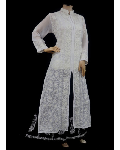 ISHIEQA's Aari Work White Georgette Cape Top Style Kurti  - DC0209B