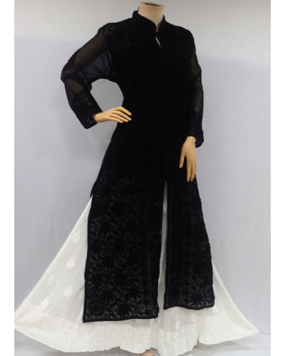 ISHIEQA's Aari Work Black Georgette Cape Top Style Kurti  - DC0208B