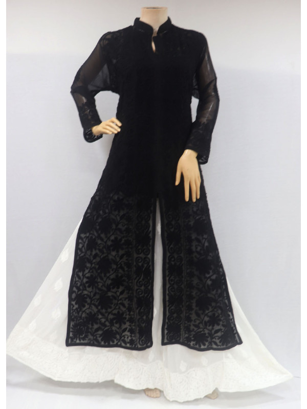 ISHIEQA s Aari Work Black Georgette Cape Top Style Kurti DC0208B