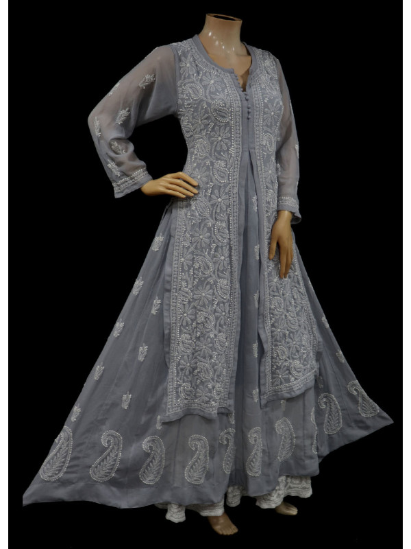 ISHIEQAs Chikankari Anarkali Grey Georgette Kurta - MV0705E