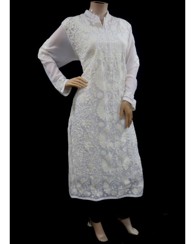 ISHIEQAs Aari work White Georgette Kurti  - DC0105B