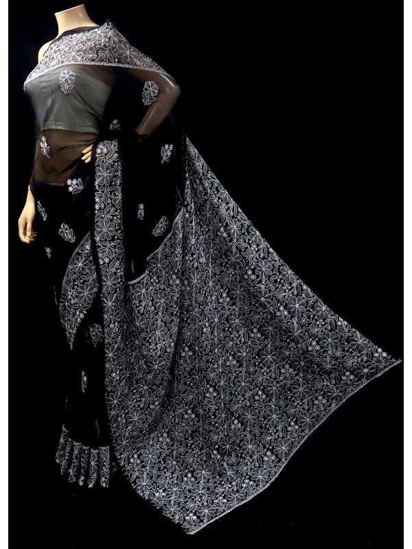 Buy Black Color Tepchi Work Hand Embroidered Lucknowi Chikankari Saree  (With Blouse - Georgette) MY250227 | www.maanacreation.com