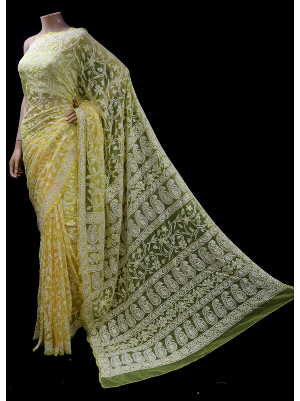 Chikan Saree | Chikankari Sari | Chikan Pure georgette saree with Mukesh  Badla work | Chikan designer Saree