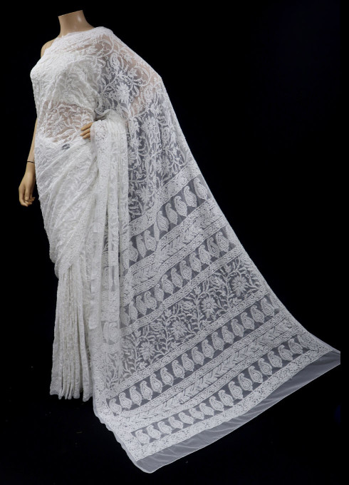 Ishieqas Chikankari Saree White A Georgette Dc0202c