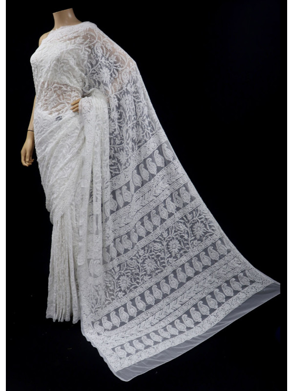 Buy White Hand Embroidered Lucknowi Chikankari Saree (Georgette-With Blouse)  17307 | www.maanacreation.com