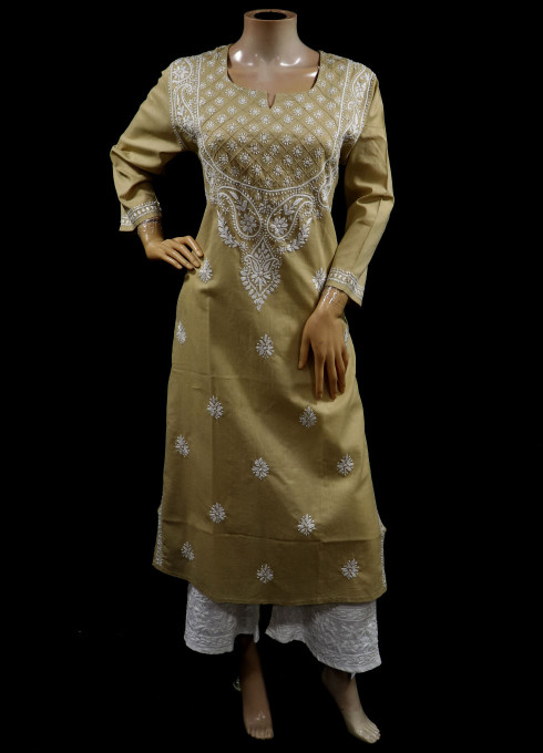 ISHIEQA's Beige Cotton Chikankari Kurti -AN0104G