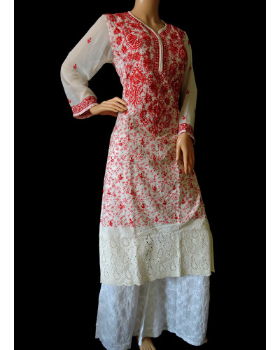 ISHIEQA's White-Red Cambric Cotton Chikankari Kurti  - DC0809B