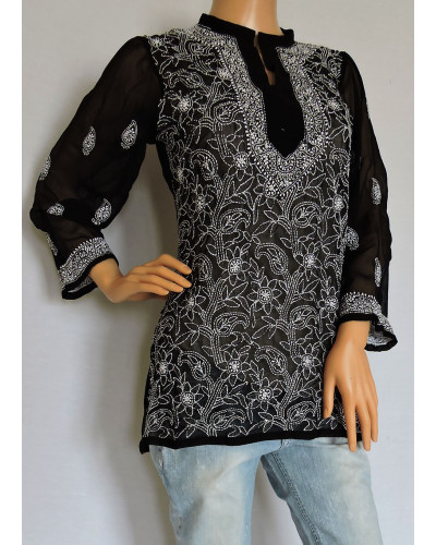 ISHIEQA's Black Georgette Chikankari Short Top - DC0606B