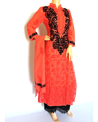 ISHIEQA's Aari work Coral-Black Georgette Kurti with Dupatta -DC2501C