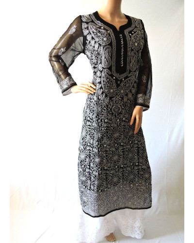 ISHIEQA's Black Georgette Chikankari Kurti  - DC1802C