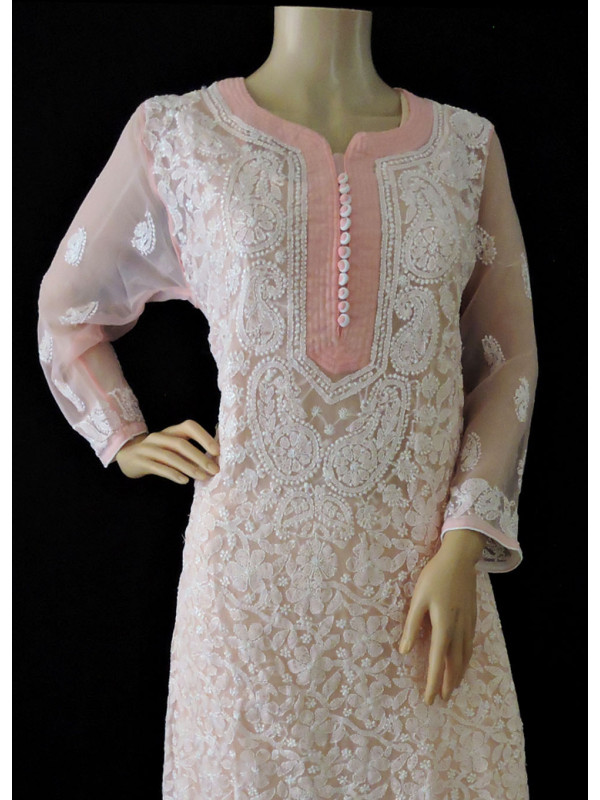 Ishieqa's Peach Georgette Chikankari Kurti - Dc1802c