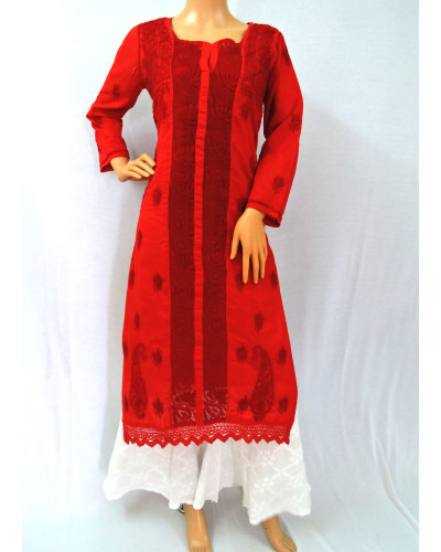 ISHIEQA's Red Cotton Chikankari Kurti - UK0101B