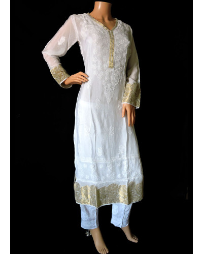 ISHIEQA's White and Gold Georgette Chikankari Kurti  - SF0203B