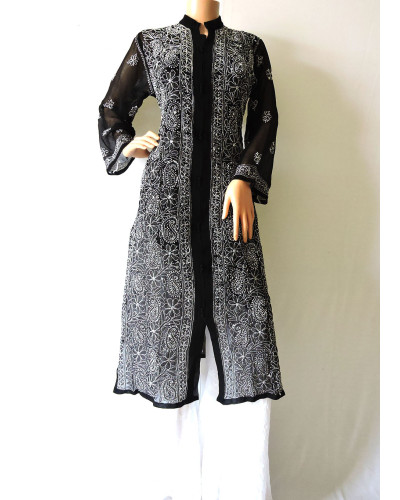 ISHIEQA's Black Georgette Chikankari Kurti - LU0101B