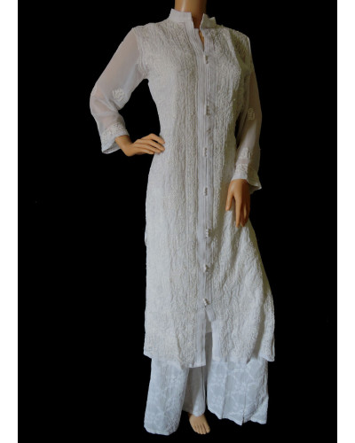 ISHIEQA's White Georgette Chikankari Kurti  - LU0101B