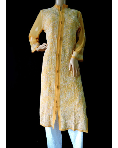 ISHIEQA's Mustard Georgette Chikankari Kurti  - LU0101B