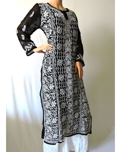 ISHIEQA's Black Georgette Chikankari Kurti  - DC0110B 