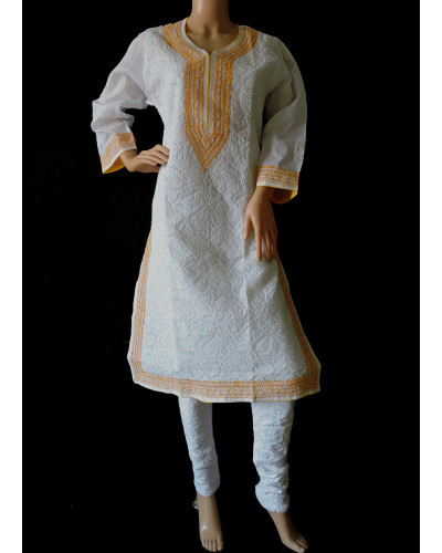 ISHIEQA's White-Yellow Cotton Chikankari Kurti  - AN0101B