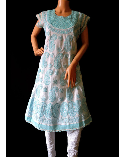 ISHIEQA's White-Blue Cotton A-Line Kurti  - AN0202C