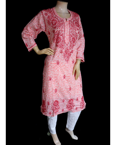 ISHIEQA's Peach Printed Cotton Chikankari Kurti  - AN0401D